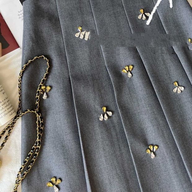 Luxury College Style Niche Designer Cut Label Early Heavy Industry Rhinestone Pleated Skirt