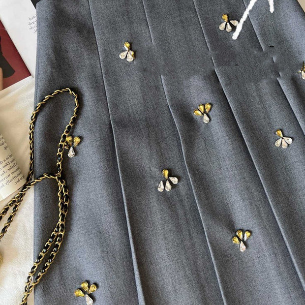 Luxury College Style Niche Designer Cut Label Early Heavy Industry Rhinestone Pleated Skirt